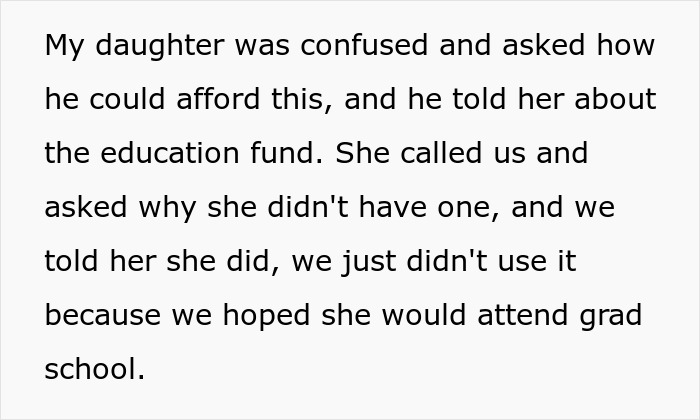 Text excerpt discussing a daughter's struggle to fund college while her brother uses an education fund lavishly.