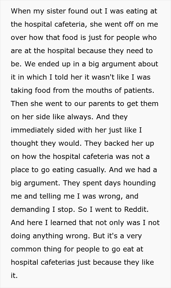 Text screenshot of a story about a sibling argument over eating at a hospital cafeteria; brother feels unfairly judged.