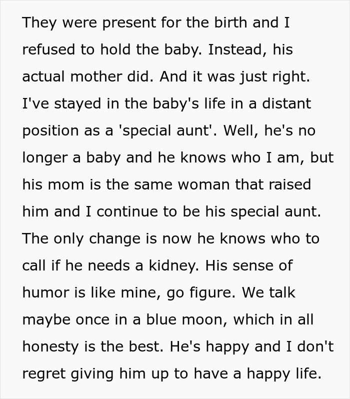 Text about a teen dumping his pregnant girlfriend, her role as a 'special aunt', and no regrets over adoption.