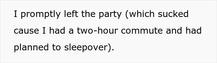 Text about leaving a party due to a long commute, related to a skinny and plus-size woman discussion.