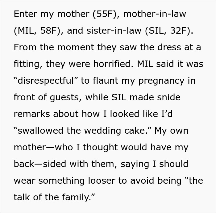 Text describing family reactions to a woman's pregnancy at her wedding, criticizing her dress choice.