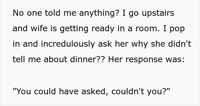 Text about discovering a dinner exclusion, questioning in-laws about the event.