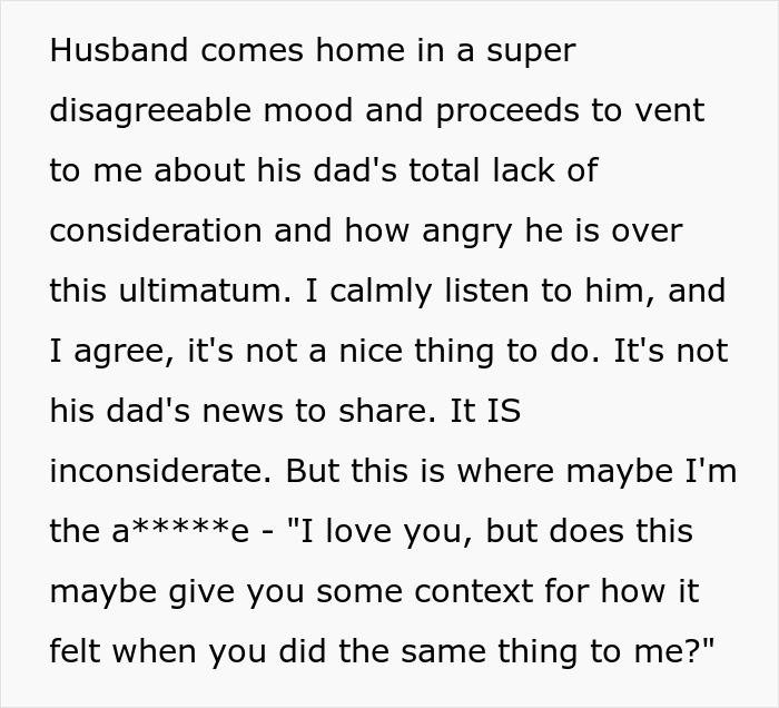 Text discussing a husband's frustration over his father's lack of consideration regarding shared personal news.