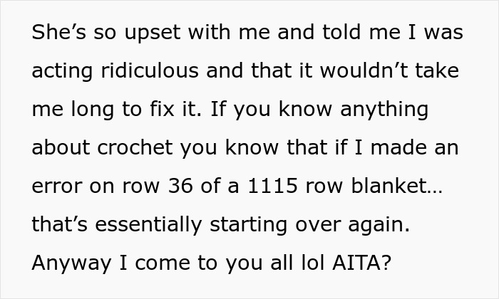 Text exchange discussing demands for a handmade crochet gift and frustration over fixing an error on a large blanket.