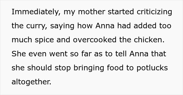 Text highlighting criticism of Anna's curry for being too spicy and overcooked.