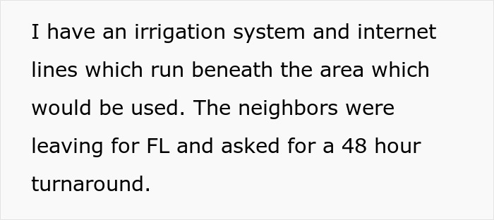 Text about neighbors needing yard use, mentioning irrigation and internet lines beneath.