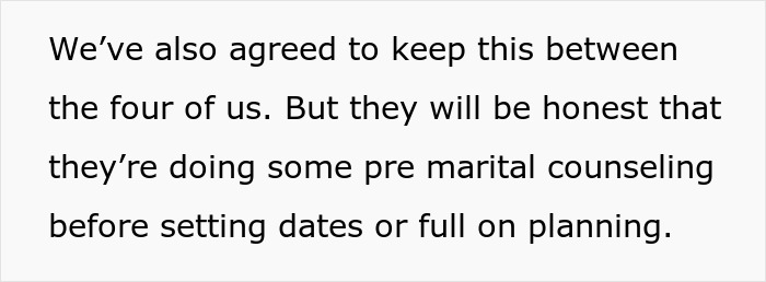 Text about premarital counseling agreement shared privately among four people.