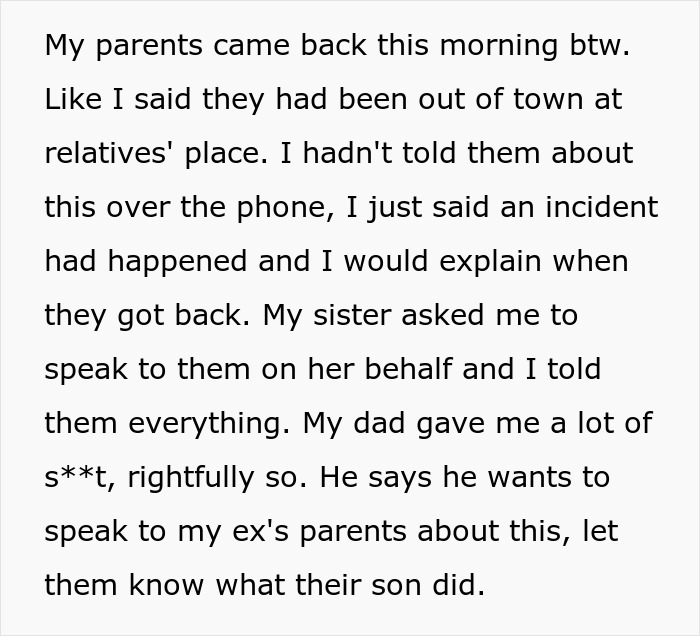 Text recounts a conversation where the speaker discusses an incident with their parents and mentions their sister's involvement.