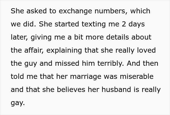 Text messages revealing a colleague's wife's affair and strained marriage.