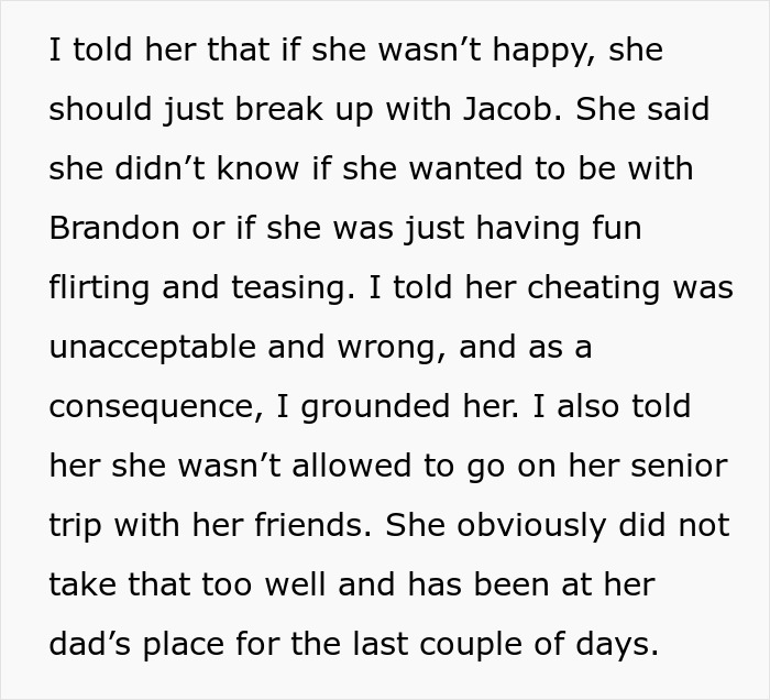 Text discussing a daughter's senior trip and issues with her boyfriend, leading to being grounded.