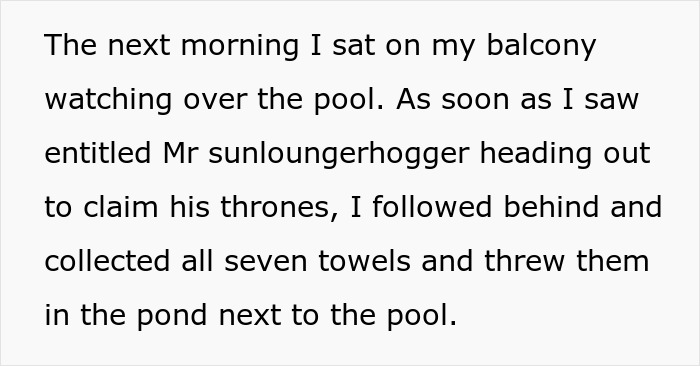 Text snippet about petty revenge on selfish resort guests by throwing towels in a pond.