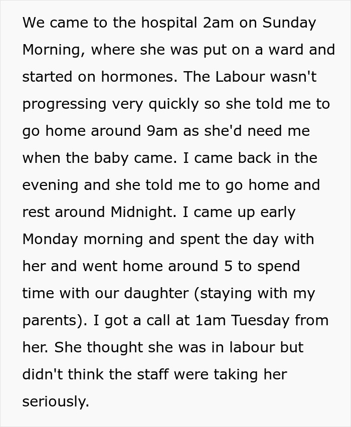 Text screenshot of a man discussing his wife's labor and his absence post C-section.