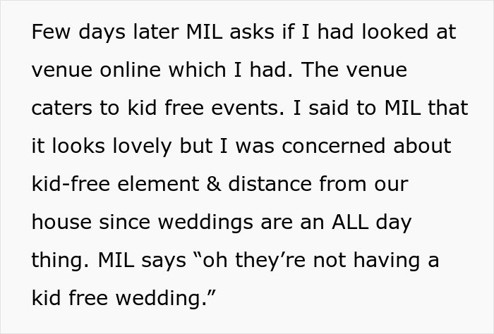 Text about family discussion regarding a kid-friendly wedding venue and concerns over distance.