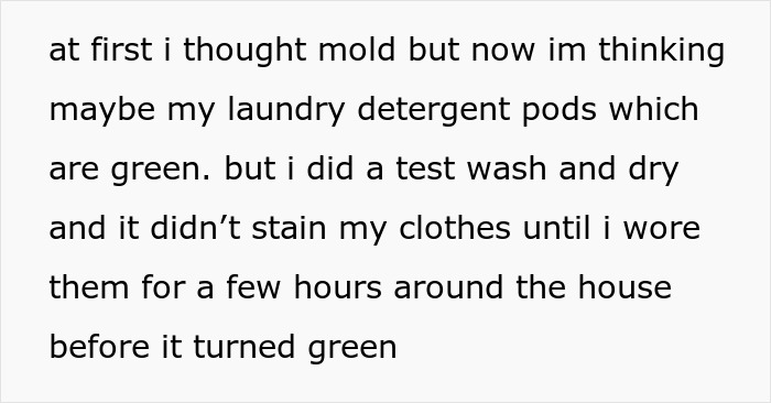 Text conversation about possible causes of stains in woman's home.