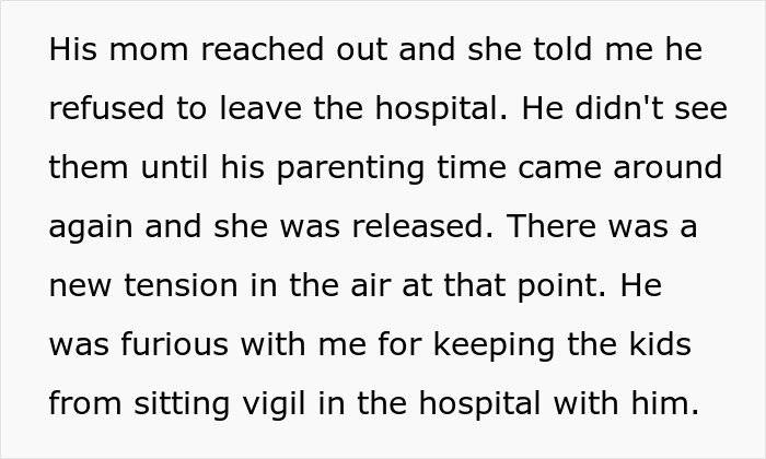 Text about tension following an ex-husband's refusal to leave hospital, highlighting unresolved family issues.