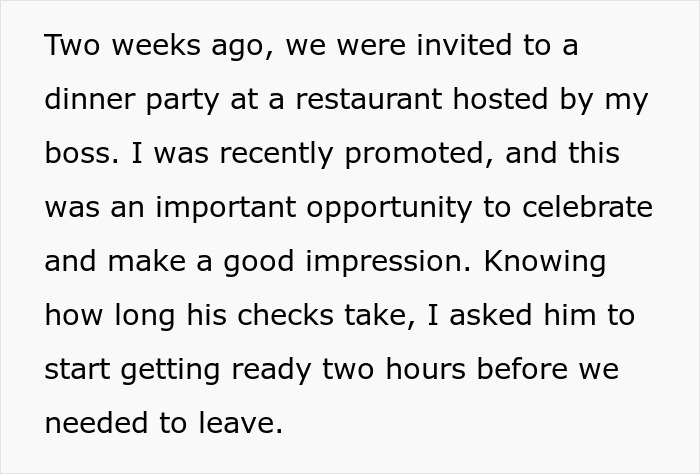 Text describing a dinner party invite and preparations, highlighting OCD-related delays and the importance of the event.