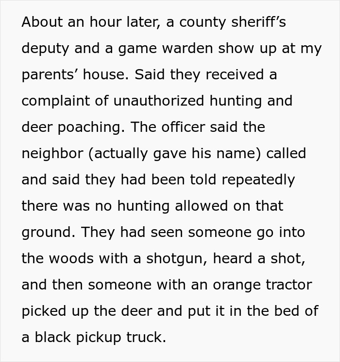 Text of police report about deer hunting complaint by a neighbor on private land.