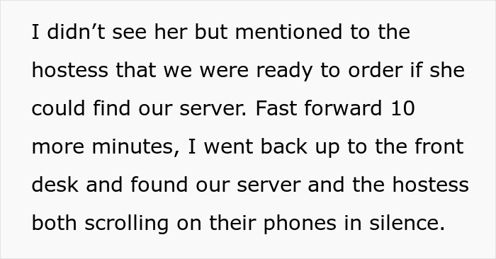 Text about being forgotten by restaurant staff, server and hostess on phones, leading to no tip.