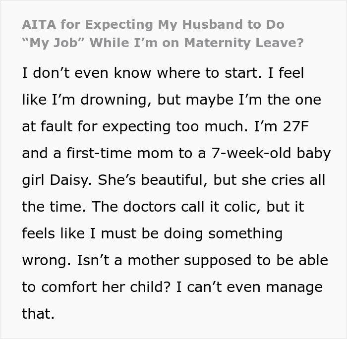 “AITA For Expecting My Husband To Do ‘My Job’ While I’m On Maternity Leave?”