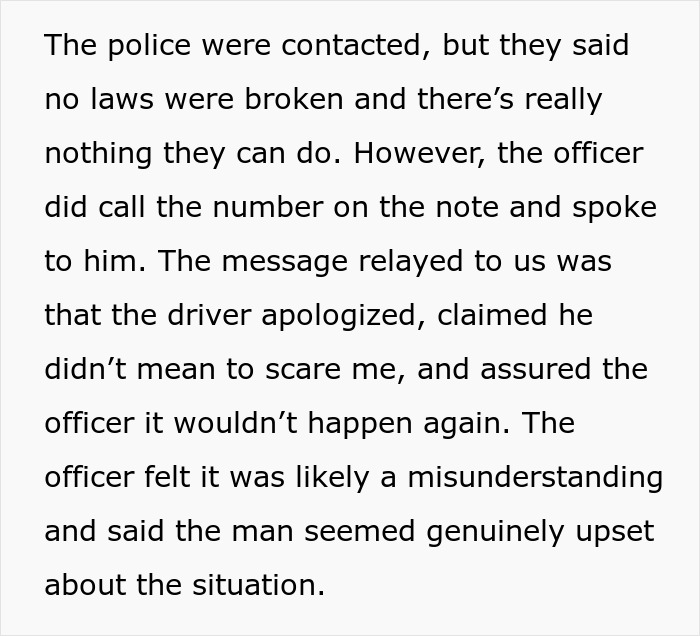 Text about police contacting an Amazon driver who apologized, ensuring it won't happen again, and the issue being resolved.