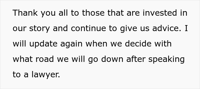 Text about a woman considering legal advice after her husband's family refuses to pay a bill.