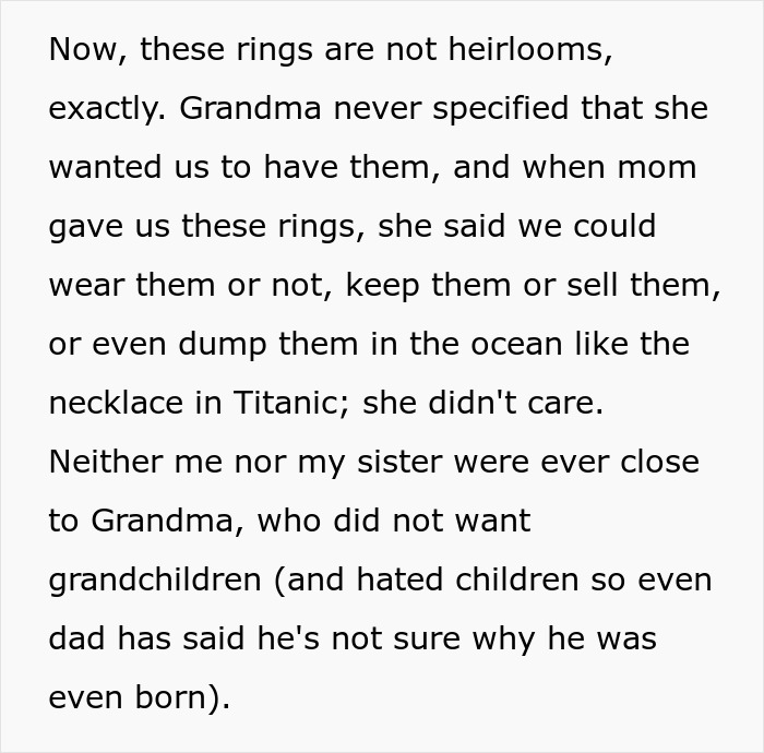 Text describing a discussion about non-heirloom rings, sisters, and their distant relationship with Grandma.