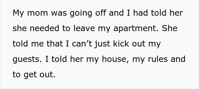 Text from a kid telling their mom to leave the apartment, asserting "my house, my rules" amid a conflict over inheritance.