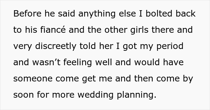 Text excerpt discussing a sudden exit during wedding dress shopping, related to a personal revelation.