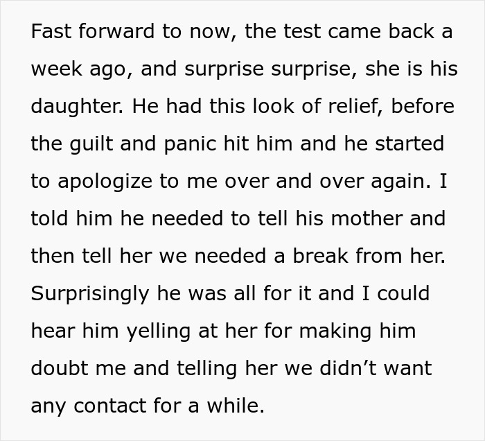 Text recounting husband's relief and apology post-paternity test results confirming wife as baby's mother.