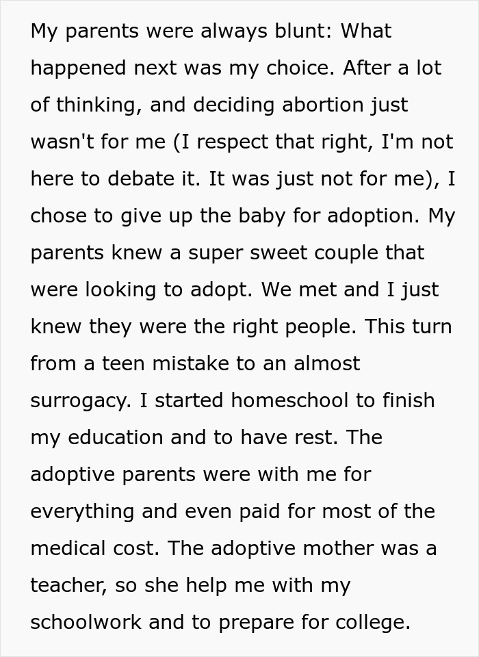 Text discussing the choice of adoption after teen pregnancy and the support received from adoptive parents.