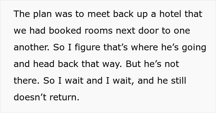 Text about a plan to meet at a hotel; discusses waiting for someone who doesn't return.