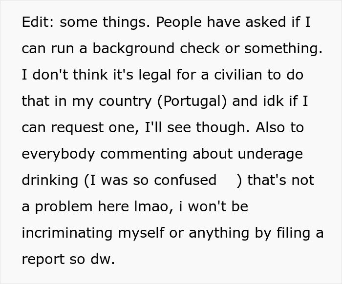 Text from an online post discussing legal background checks in Portugal and underage drinking laws.