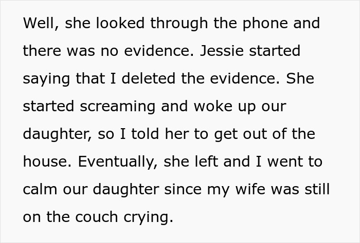 Text about infidelity accusations, a husband calming his daughter while wife cries on couch.