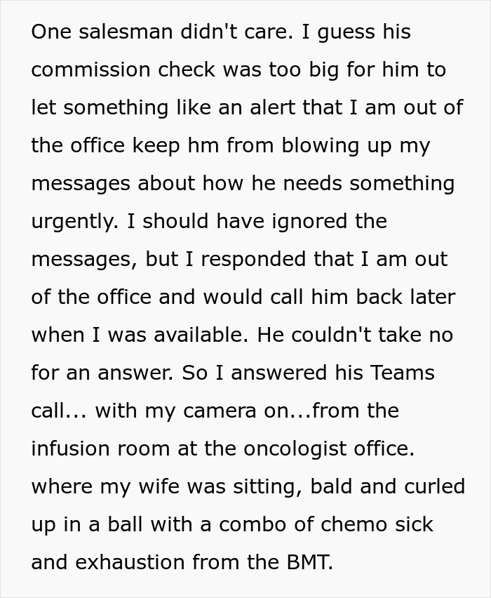 Text describing a situation where a guy embarrasses an entitled coworker by responding to messages from an oncologist's office.