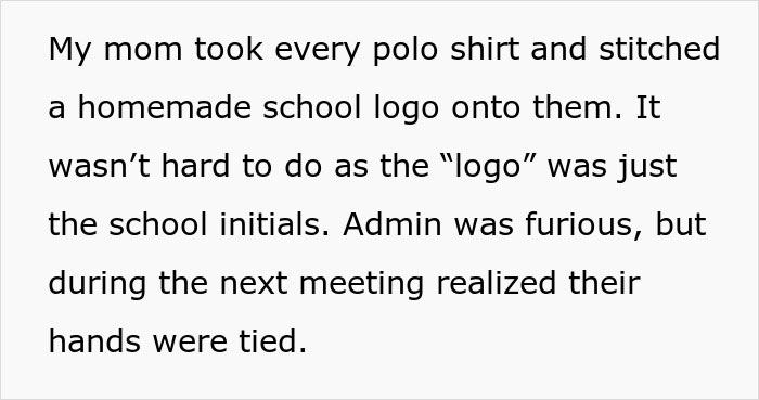 Text describing a mother exploiting a school dress code by stitching homemade logos onto shirts.