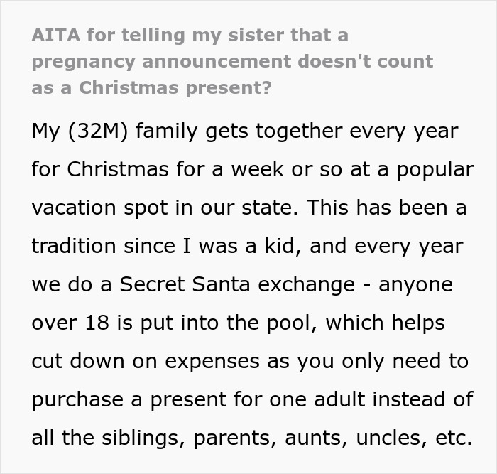 Text about a family discussion on whether a pregnancy announcement qualifies as a Christmas present.