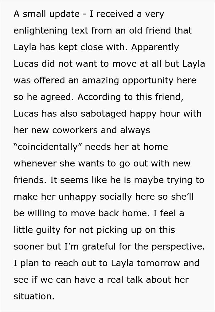 Text message about Layla's situation, revealing relationship dynamics at play.