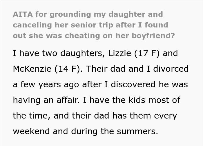 Text discusses grounding daughter-senior-trip due to cheating discovery with boyfriend.