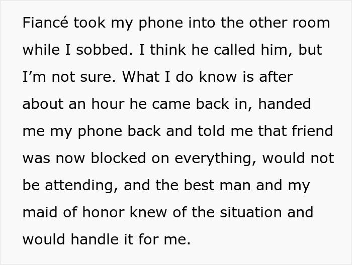 Text screenshot: Fiancé resolves situation after bride's male best friend's love confession.