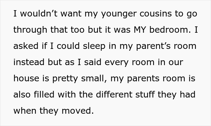 Text block describing a teen refusing parents' request to sleep in a cold basement, prioritizing his own comfort over relatives.