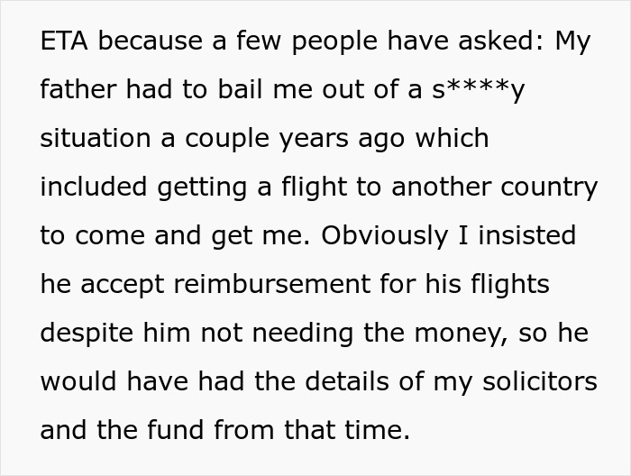 Text describing a father's financial assistance, mentioning solicitors and a trust fund.