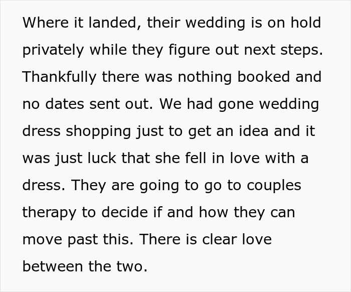 Text about a wedding being on hold after a wedding dress shopping trip reveals unexpected love for sister-in-law.