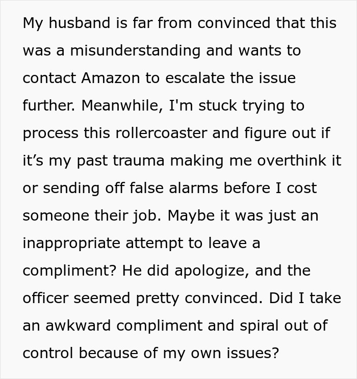 Text recounting an incident where an Amazon driver left a note, prompting a police call and contemplation about overreaction.