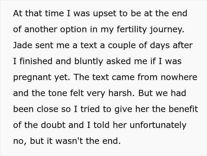 Text message discussing pregnancy issues during fertility journey.