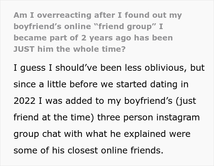 Text about a woman discovering her boyfriend\'s friend group was just him alone.