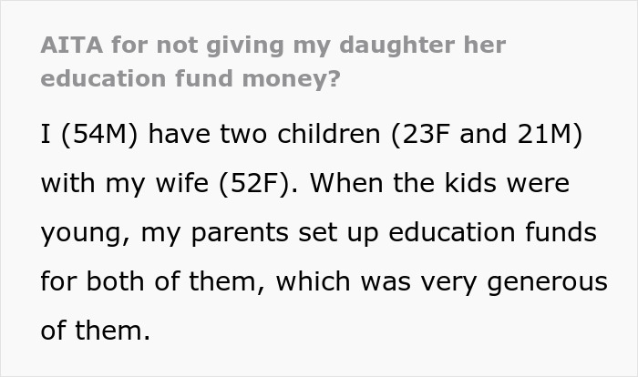 Text about family conflict over daughter’s college fund and sibling's lavish lifestyle.