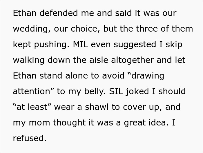 Text describing a wedding dispute about a pregnant bride, involving MIL and SIL's comments.