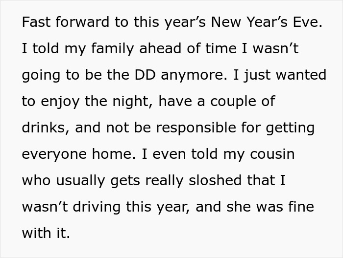 Text about a family's New Year's Eve plans and decision to not be the designated driver this year.