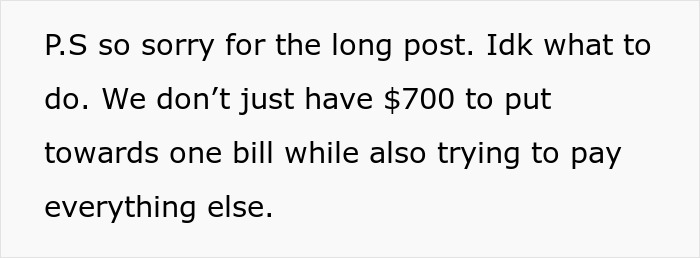 Text about financial stress over a $700 bill and lack of funds.