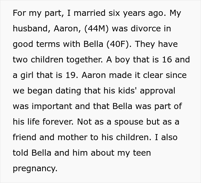 Text about teen pregnancy, marriage, divorce, and family dynamics involving two children, ages 16 and 19.